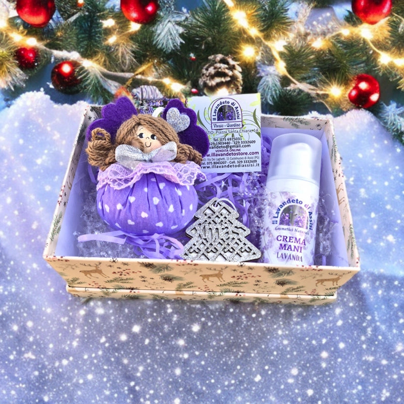 confezione regalo natale 2026 con angioletto alla lavanda e crema mani idea regalo natalizia profumata artigianale per amiche colleghe famiglia