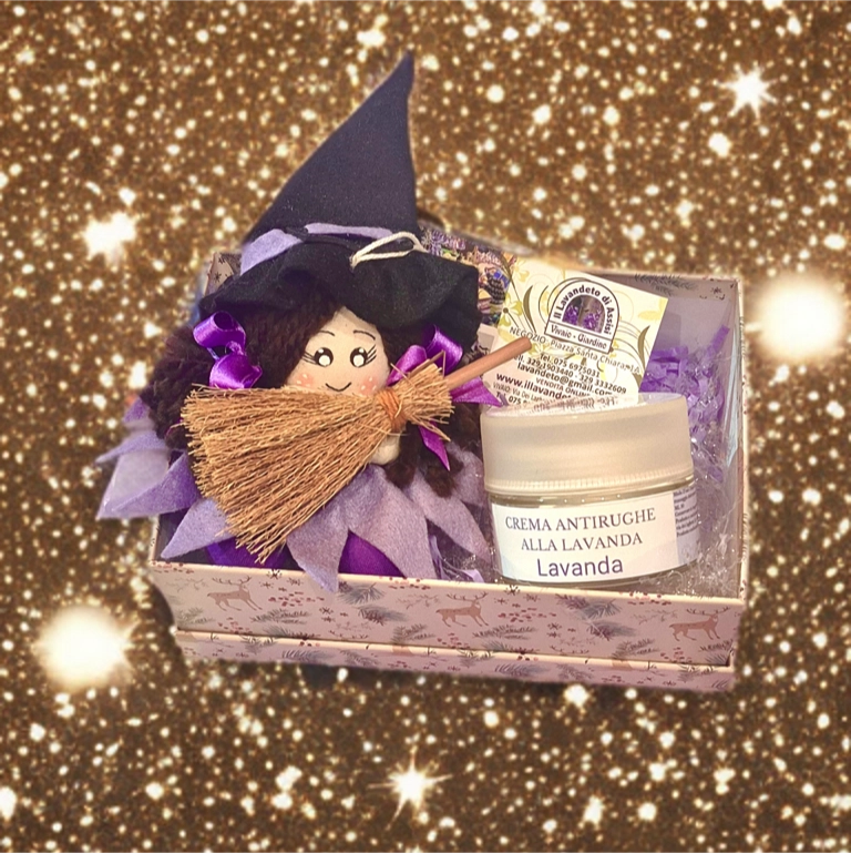 regalo befana con befana imbottita di fiori di lavanda e crema viso antirughe alla lavanda idea regalo epifania donna