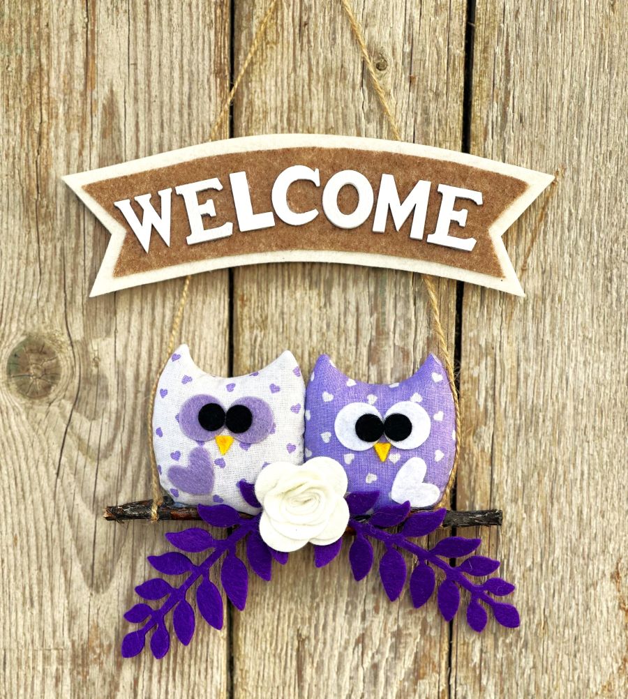 fuoriporta welcome , gufi fuoriporta, decorazioni per la porta di casa, da porta decorazioni per la di casa,  decorazioni porta d' ingresso, decorazione porta d' ingresso tutto l' anno, idee decorazione porta d' ingresso, Cosa appendere alla porta di casa, sacchetti lavanda gufo

