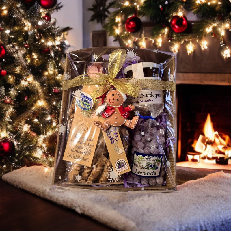 box regali di natale originali con miele alla lavanda biscotti al farro caramelle artigianali idea regalo natale 2025 confezione gourmet prodotti artigianali italiani