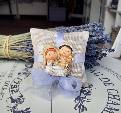 Cuscino di lavanda con presepe piccolo, cuscinetto artigianale profumato con sacra famiglia