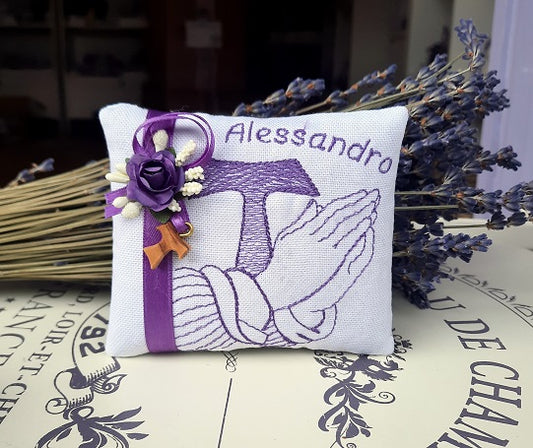 Cuscino con lavanda personalizzato con tau e nome, bomboniera Comunione e Cresima