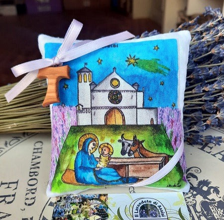 Idee regalo Natele, idee regalo Natale con lavanda, idee regalo lavanda, presepe vendita, presepio vendita, cuscino con presepe vendita, Natività vendita, decorazioni natalizie, basilica di San Francesco di Assisi, regalo san francesco assisi , souvenir Assisi
