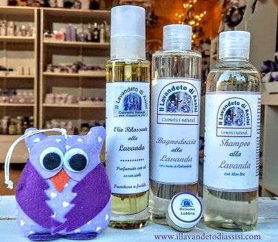 Natural cosmetic products and lavender owl offered
